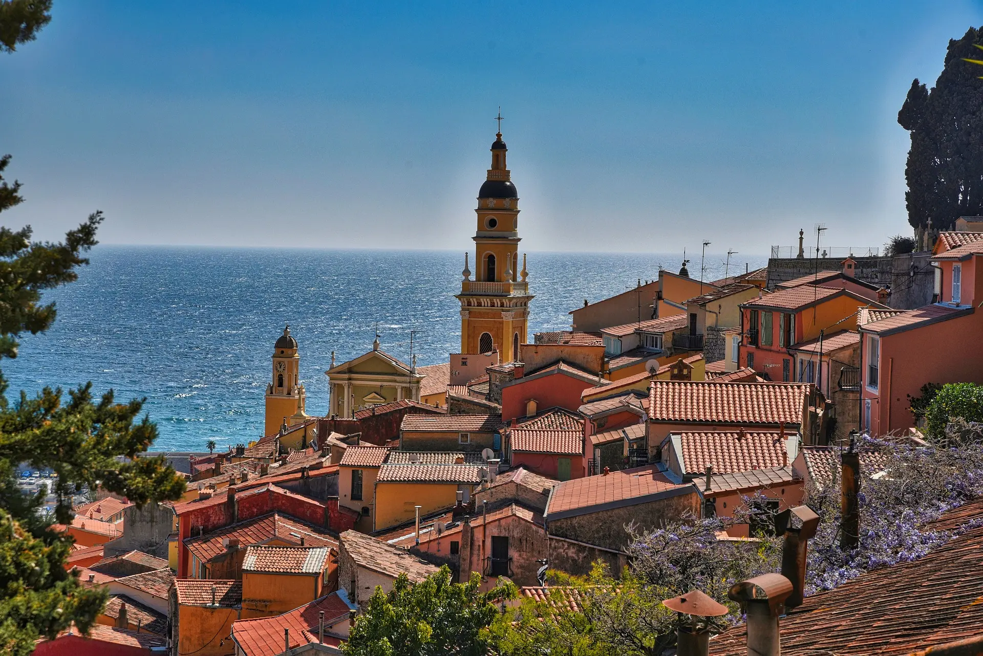 View at the cathedral and the surrounding houses in Menton France